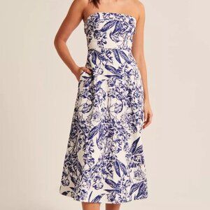 Abercrombie & Fitch Strapless Linen-Blend Midi Dress in Blue Floral